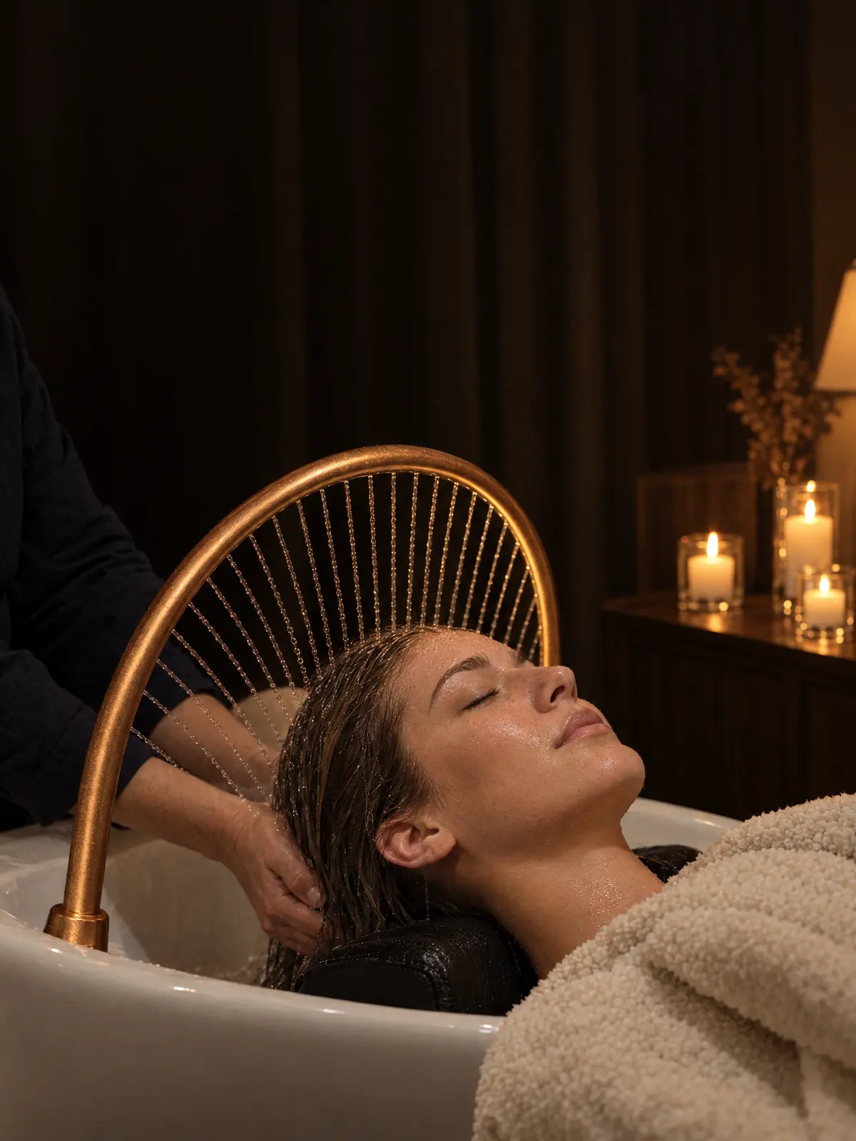 Japanese Head Spa in Zoetermeer: klant ontspant onder de koperen waterboog tijdens de hoofdhuidbehandeling