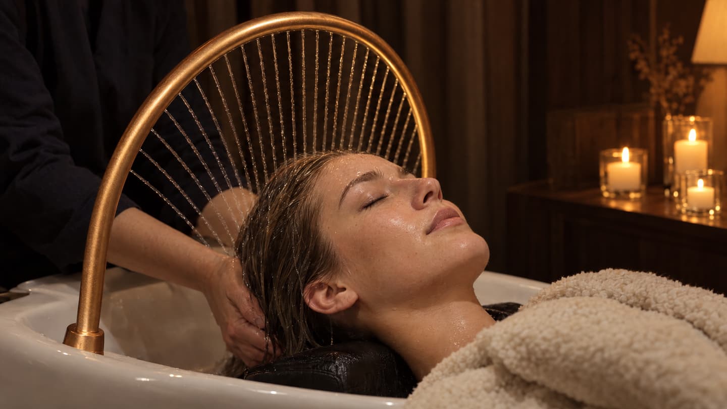 Japanese Head Spa Zoetermeer: water stroomt uit een koperen boog over het haar tijdens de behandeling